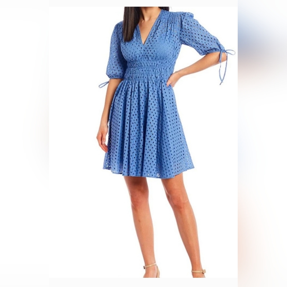 Just Taylor Cotton Eyelet V-Neck Short Tie Sleeve Smock Waist Dress